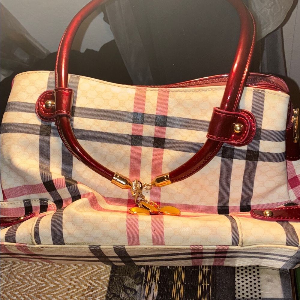Sassi Holford Checkered Shoulder Bag with Red Handles